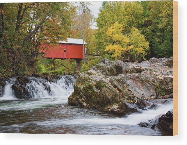Slaughterhouse Covered Bridge Wood Print featuring the photograph Vermont covered bridge in autumn #1 by Jeff Folger