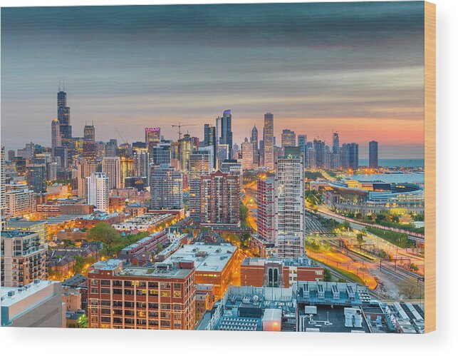 Landscape Wood Print featuring the photograph Chicago, Illinois, Usa Aerial Downtown #2 by Sean Pavone