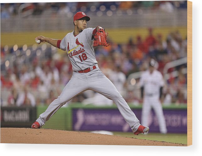 St. Louis Cardinals Wood Print featuring the photograph St Louis Cardinals V Miami Marlins by Rob Foldy
