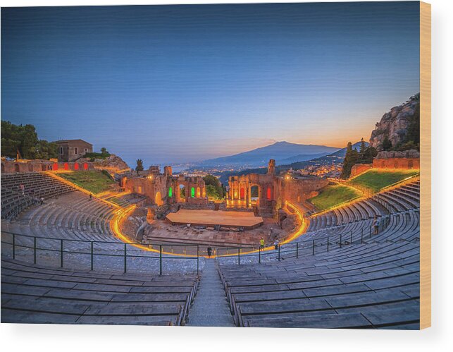 Estock Wood Print featuring the digital art Italy, Sicily, Messina District, Ionian Coast, Ionian Sea, Taormina, Greek Theatre, Mount Etna In The Background #3 by Alessandro Saffo