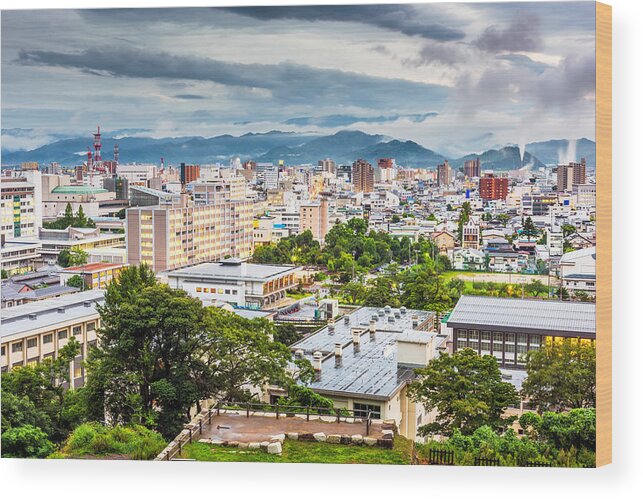 Landscape Wood Print featuring the photograph Tottori, Japan Town Skyline At Dusk #3 by Sean Pavone