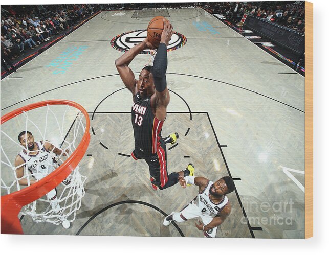 Bam Adebayo Wood Print featuring the photograph Miami Heat V Brooklyn Nets by Nathaniel S. Butler