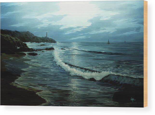 Lighthouse In Distance Over Waves Coming In On Shore Wood Print featuring the painting 47 by Thomas Linker