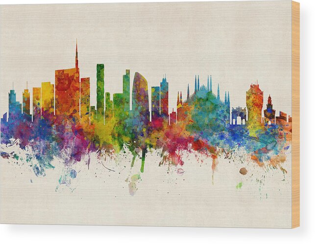 Milan Wood Print featuring the digital art Milan Italy Skyline #5 by Michael Tompsett