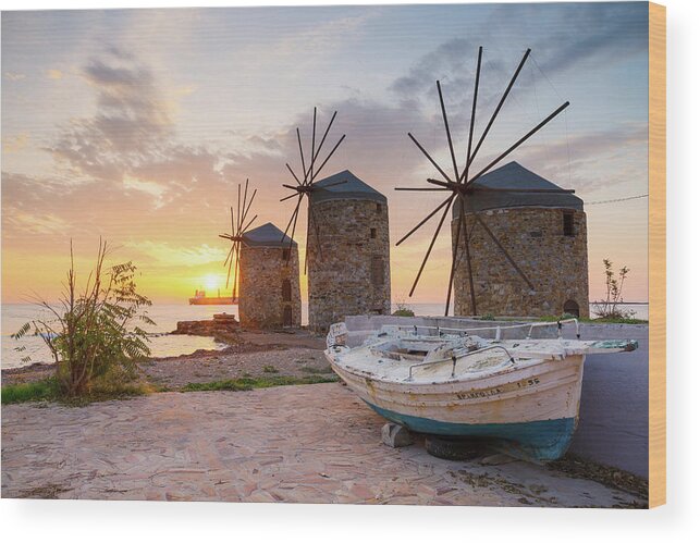 Greece Wood Print featuring the photograph Sunrise Image Of The Iconic Windmills In Chios Town. #5 by Cavan Images