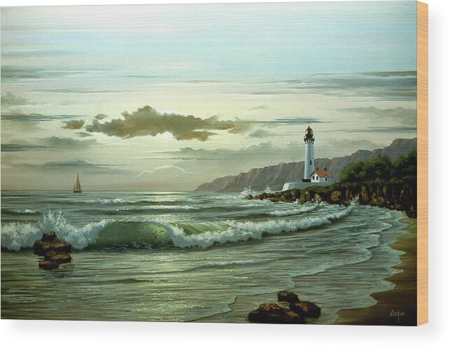Lighthouse In Distance Over Waves Coming In On Shore Wood Print featuring the painting 53 by Thomas Linker