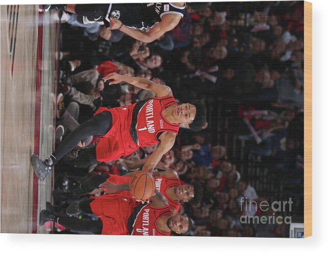 Nba Pro Basketball Wood Print featuring the photograph Brooklyn Nets V Portland Trail Blazers by Sam Forencich
