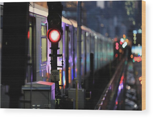 Subway Wood Print featuring the photograph 7 NightScape No.3 - Manhattan-bound 7 Train Departs 40th St Station, Queens by Steve Ember