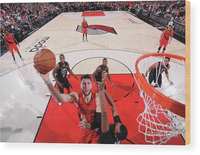 Jusuf Nurkic Wood Print featuring the photograph Milwaukee Bucks V Portland Trail Blazers by Sam Forencich
