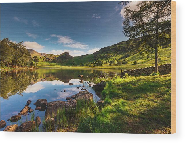 Estock Wood Print featuring the digital art United Kingdom, England, Cumbria, Great Britain, Lake District, British Isles, Blea Tarn, Blea Tarn With The Lake District Peaks In The Background On A Sunny Summer Afternoon #9 by Maurizio Rellini