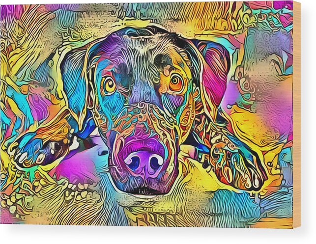 Dog Wood Print featuring the digital art A dog lies in bright and colourful colours by Gina Koch