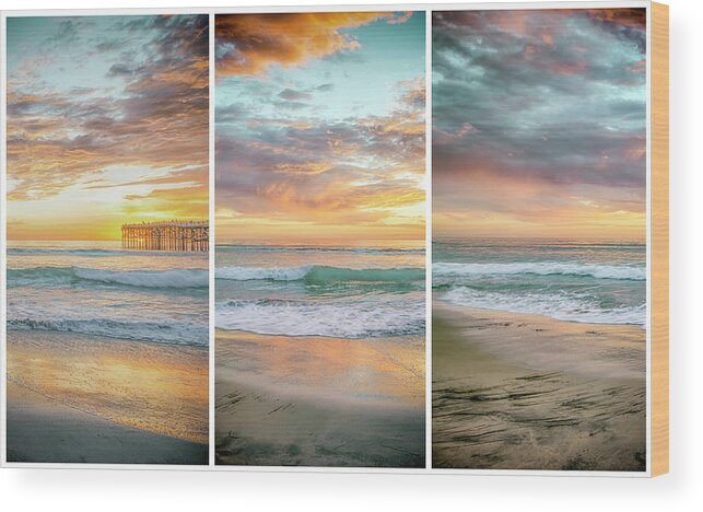 A Mission Beach Sunset Triptych Wood Print featuring the photograph A Mission Beach Sunset Triptych by Joseph S Giacalone