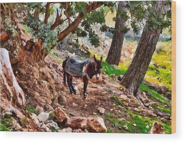Blue Wood Print featuring the digital art A mule stands on the edge of a mountain village in Morocco by Gina Koch