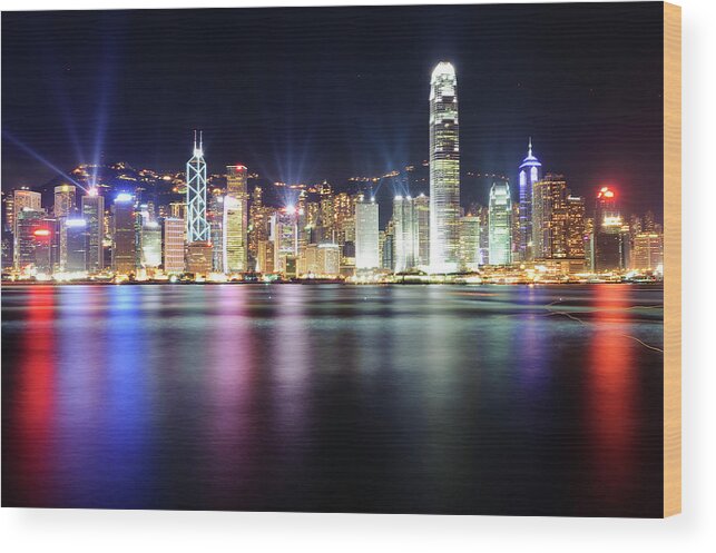 Tranquility Wood Print featuring the photograph A Night View Of Victoria Harbour by Caleb Li