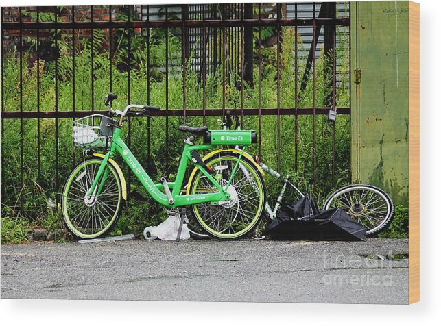Electric-assist Bicycle Wood Print featuring the photograph A Welcome Splash of Lime on a Wet and Windy Day by Steve Ember