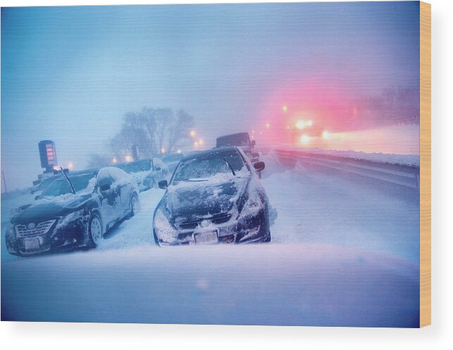 Snow Wood Print featuring the photograph Abandoned Cars On Lake Shore Drive In by Jason Walley