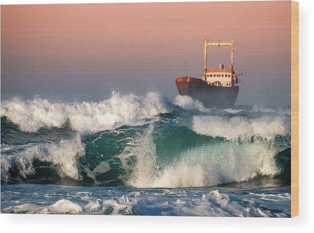 Sea Wood Print featuring the photograph Abandoned Ship and the stormy waves by Michalakis Ppalis
