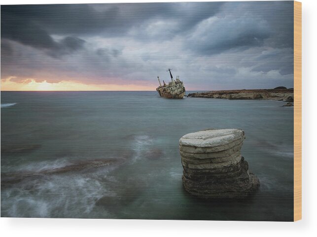 Seascape; Coastline; Sunset; Sundown Wood Print featuring the photograph Abandoned Ship EDRO III Cyprus by Michalakis Ppalis