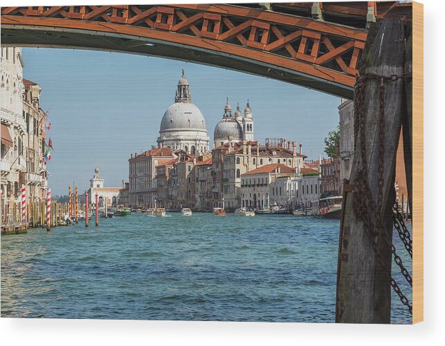 Architecture Wood Print featuring the digital art Accademia Footbridge Over Grand Canal With Water Taxis, Renaissance Architectural Style Residential Palace Buildings, Santa Maria Della Salute Basilica, Dorsoduro, Venice, Veneto, Italy by Perry Mastrovito