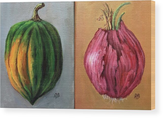 Still Life Wood Print featuring the painting Earth Harvest Series - Acorn Squash And Red Onion by Rand Burns