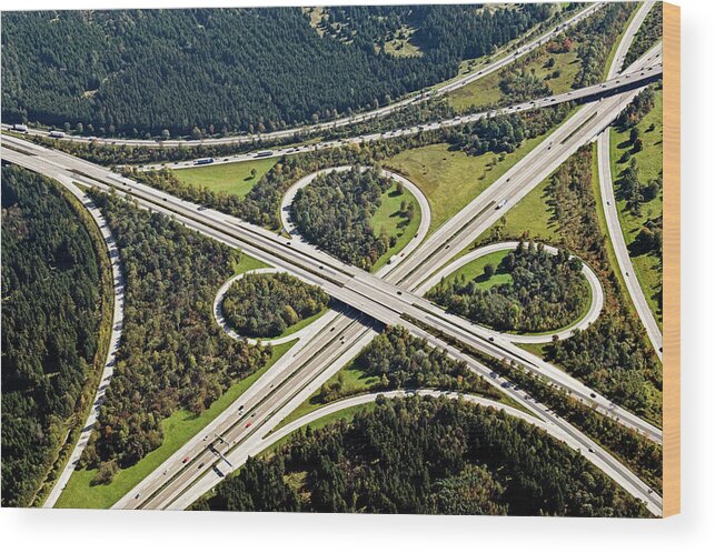 Two Lane Highway Wood Print featuring the photograph Aerial View Of Junction In Bavaria by Daniel Reiter