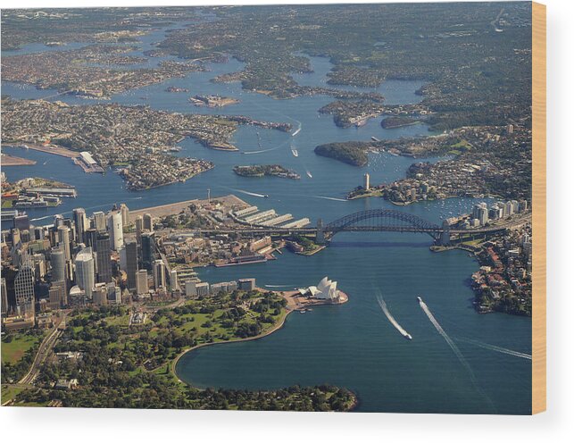 Downtown District Wood Print featuring the photograph Aerial View Of Sydney Harbour Bridge by Lighthousebay