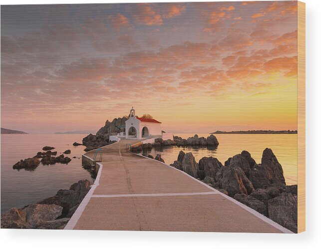 Greece Wood Print featuring the photograph Agios Isidoros Church In Northern Chios At Sunrise. by Cavan Images