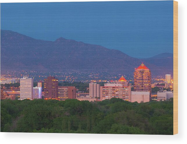 Downtown District Wood Print featuring the photograph Albuquerque Skyline At Dusk by Davel5957