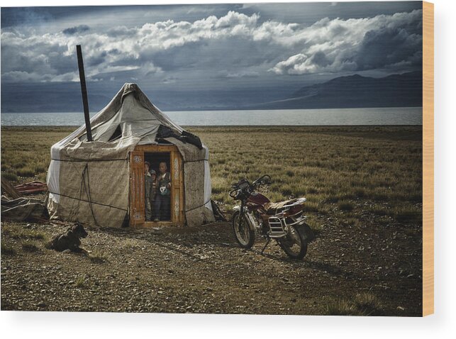 Mongolia Wood Print featuring the photograph Alone In Mongolian Steppe by Alain Mazalrey