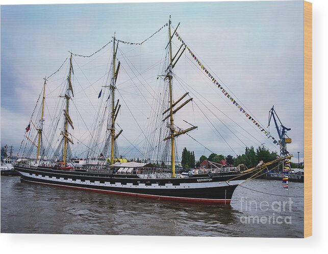 Panoramic Wood Print featuring the photograph An exit sailboat Krusenstern on parade by Marina Usmanskaya