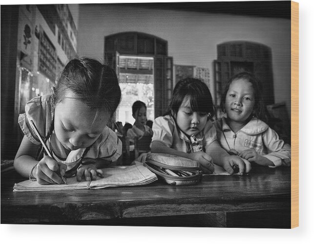 Girls Wood Print featuring the photograph At School by Carlos Lopes Franco