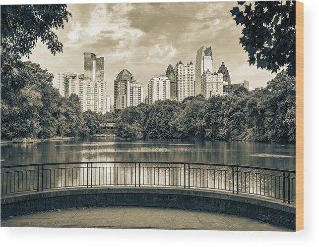 America Wood Print featuring the photograph Atlanta Skyline Over Lake Clara Meer in Piedmont Park - Sepia Edition by Gregory Ballos