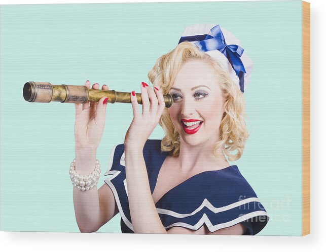 Woman Wood Print featuring the photograph Attractive pinup sailor girl with a monocular by Jorgo Photography