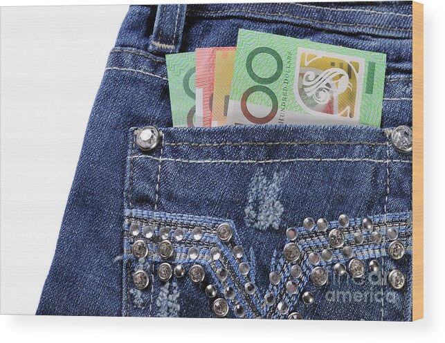 Money Wood Print featuring the photograph Australian money in back pocket by Milleflore Images