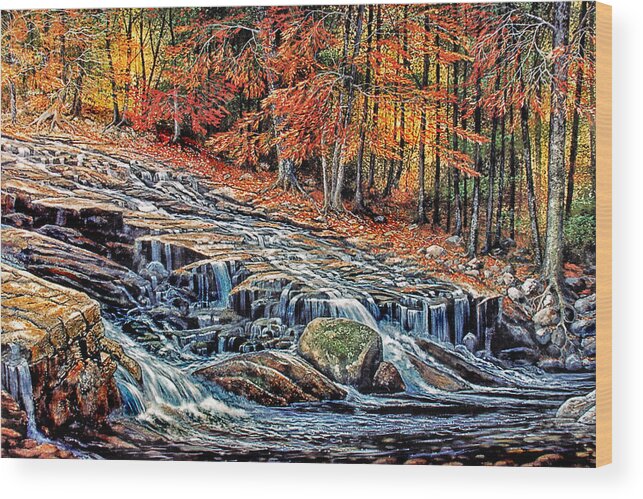 Autumn Cascade Wood Print featuring the painting Autumn Cascade by Frank Wilson