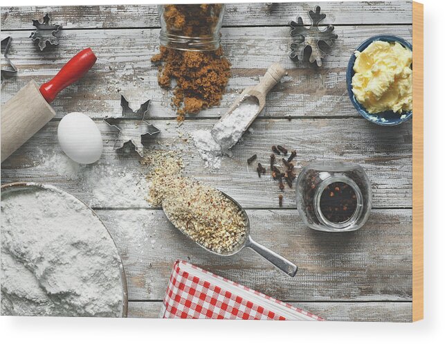 Rolling Pin Wood Print featuring the photograph Baking Ingredients by A.y. Photography