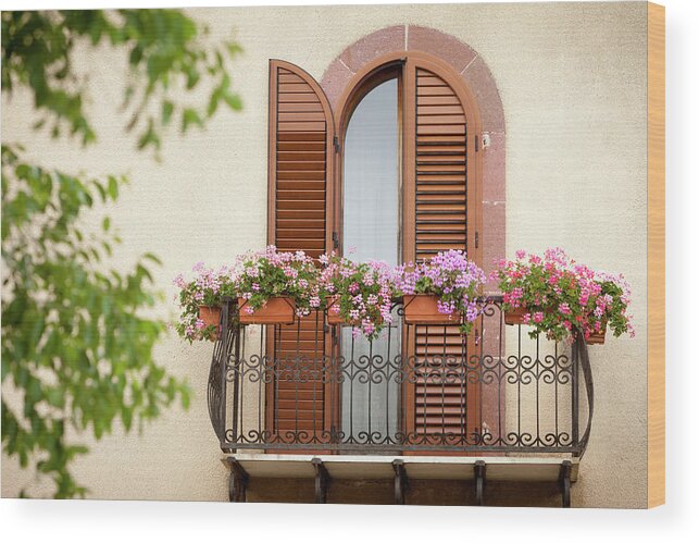 Architectural Feature Wood Print featuring the photograph Balcony With Flowers by Visualcommunications