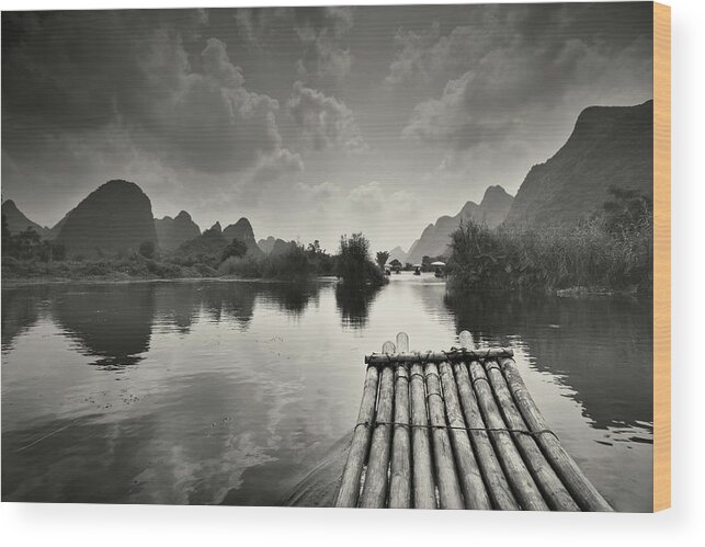 Yangshuo Wood Print featuring the photograph Bamboo Raft On Li River by Ipandastudio