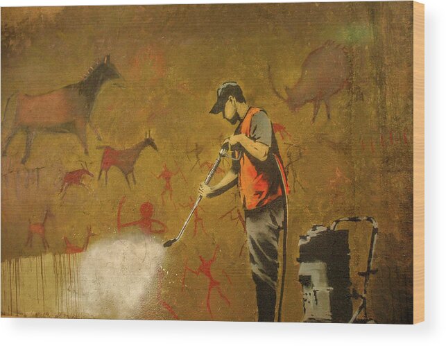 Banksy Wood Print featuring the photograph Banksy's Cave Painting Cleaner by Gigi Ebert