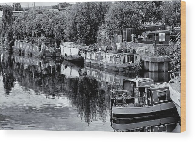 Barge Wood Print featuring the photograph Barges On The Calder Monochrome by Jeff Townsend