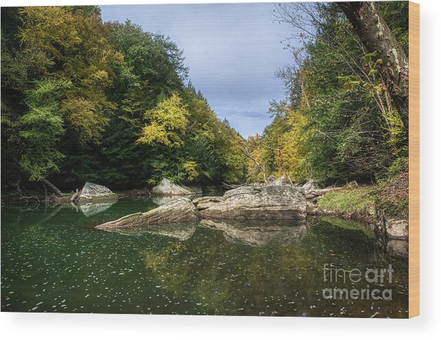 Autumn Wood Print featuring the digital art Beautiful flowing stream with autumn colors at McConnell's Mil by Amy Cicconi