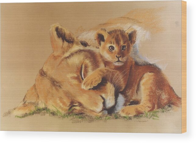 Lion Wood Print featuring the pastel Being Mom by Barbara Keith