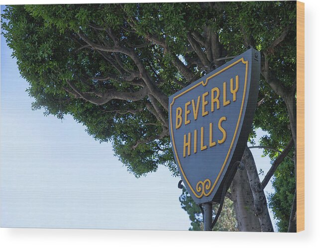Low Angle View Wood Print featuring the digital art Beverly Hills Sign Under Tree by David Jakle