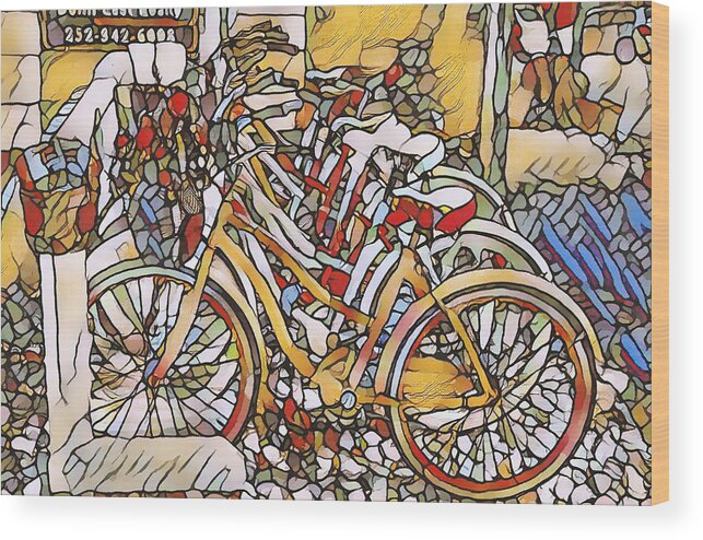 Bike With Flowers Wood Print featuring the painting Bike with flowers 3 by Jeelan Clark
