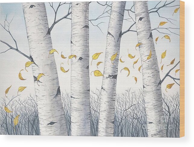 Birch Wood Print featuring the painting Birch Trees with flowing leaves in watercolor by Christopher Shellhammer