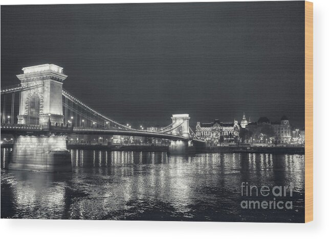 Budapest Wood Print featuring the photograph Black and White Panorama of Budapest Chain Bridge by Stefano Senise