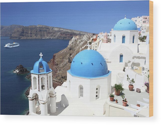 Greek Culture Wood Print featuring the photograph Blue Domes Of Santorini by Jurgar