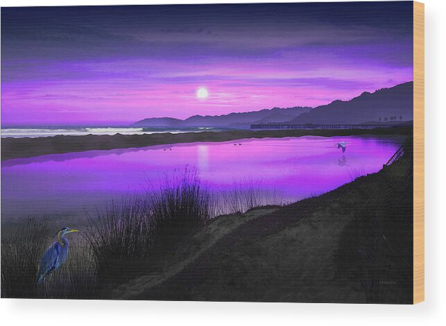 Blue Heron Wood Print featuring the painting Blue Heron Lagoon / Pismo Beach, California by David Arrigoni