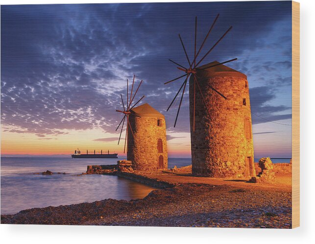 Greece Wood Print featuring the photograph Blue Hour Image Of The Iconic Windmills In Chios Town. by Cavan Images