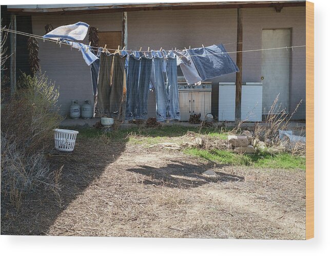 Rural Scenes Wood Print featuring the photograph Blue Jeans Clothesline by Mary Lee Dereske